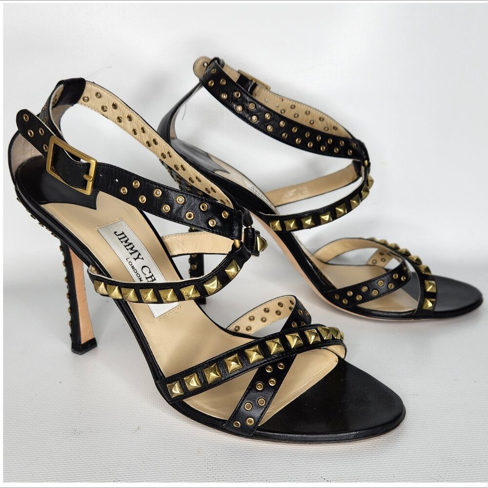 JIMMY CHOO vintage 38.5 black Leather gold Stud Stiletto strap Sandals Authentic - Picture 6 of 6